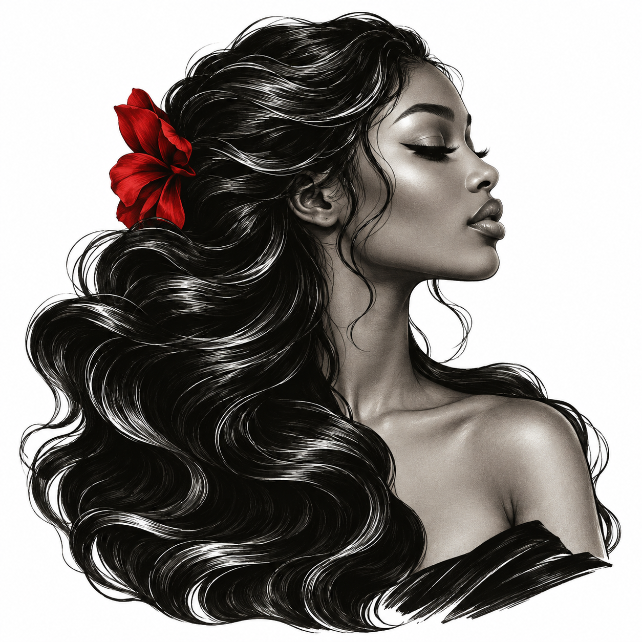 Illustration of a woman with sculpted waves and a red hair accent